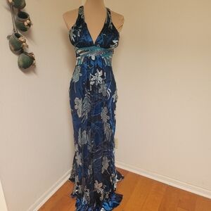 Nina Austin Elegant Blue Silk BeadedFloral Evening Dress